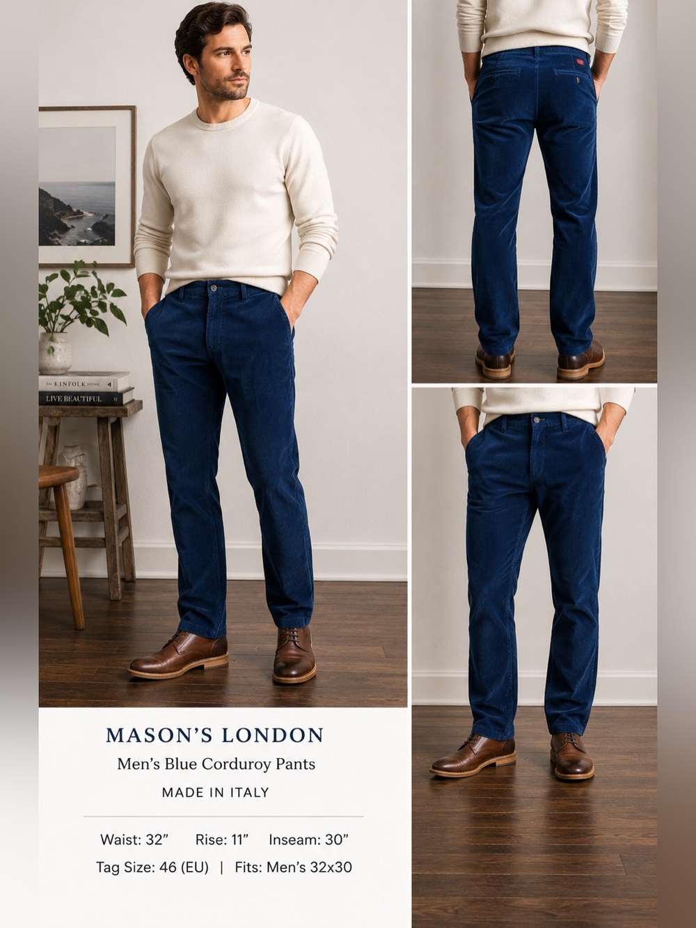 Mason's London Men's Blue Corduroy Pants Size 32x30 Made in Italy Cotton Stretch